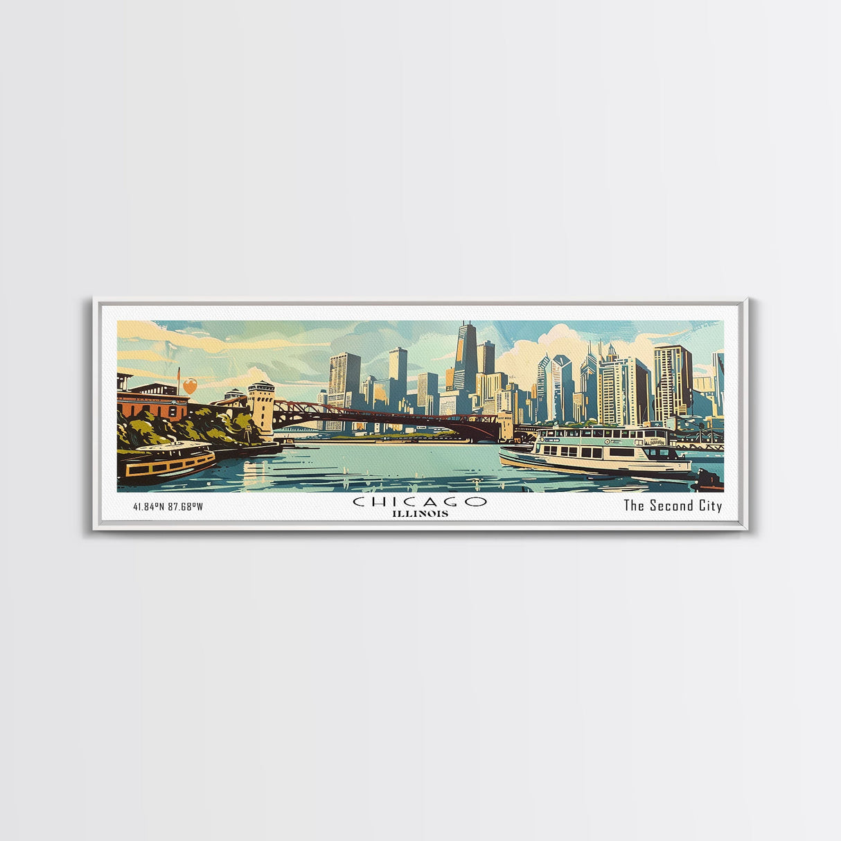 Chicago Illinois Panoramic Painting, Mid Century Modern Framed Canvas Print, Retro Pop Art Travel Poster, Wall Decor, Gift Idea, Home Decor