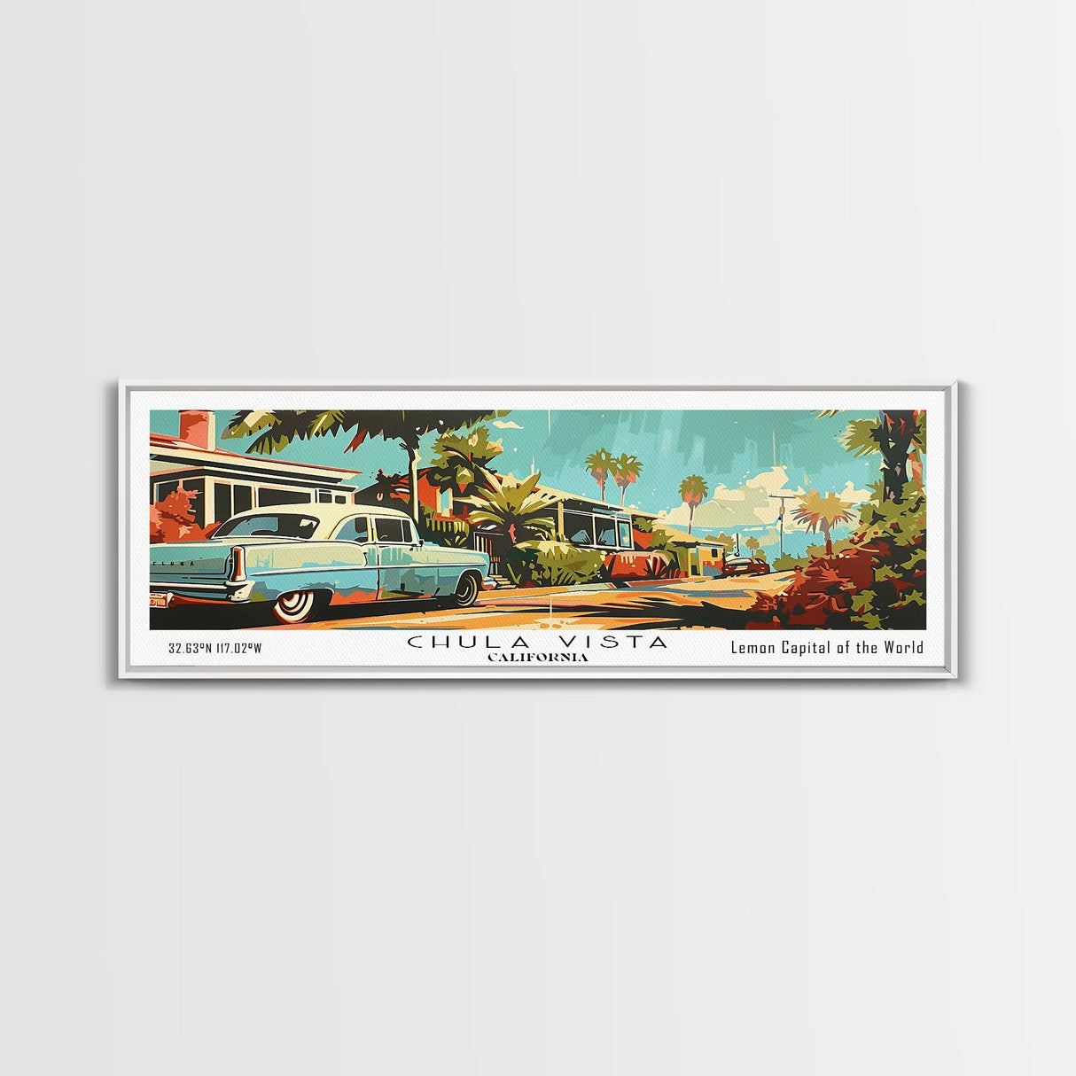 Chula Vista California Panoramic Painting, Mid Century Modern Framed Canvas Print, Retro Pop Art Travel Poster, Wall Decor, Office Art