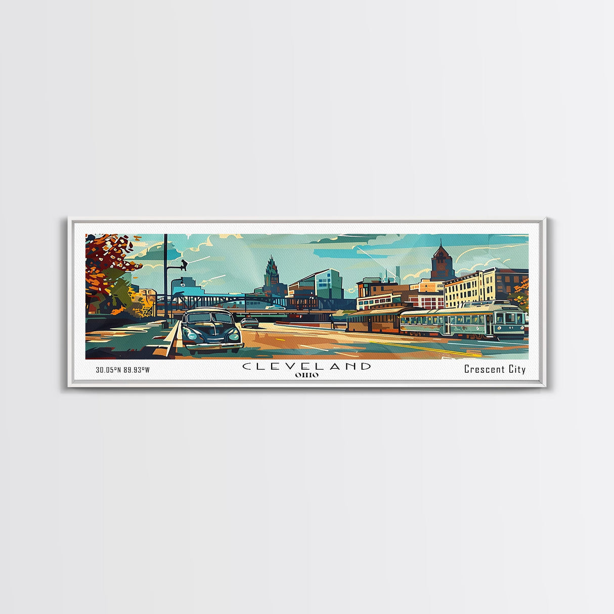 Cleveland Ohio Panoramic Wall Art, Mid Century Modern Framed Canvas Print, Retro Pop Art Travel Poster, Office Wall Art, Living Room Decor