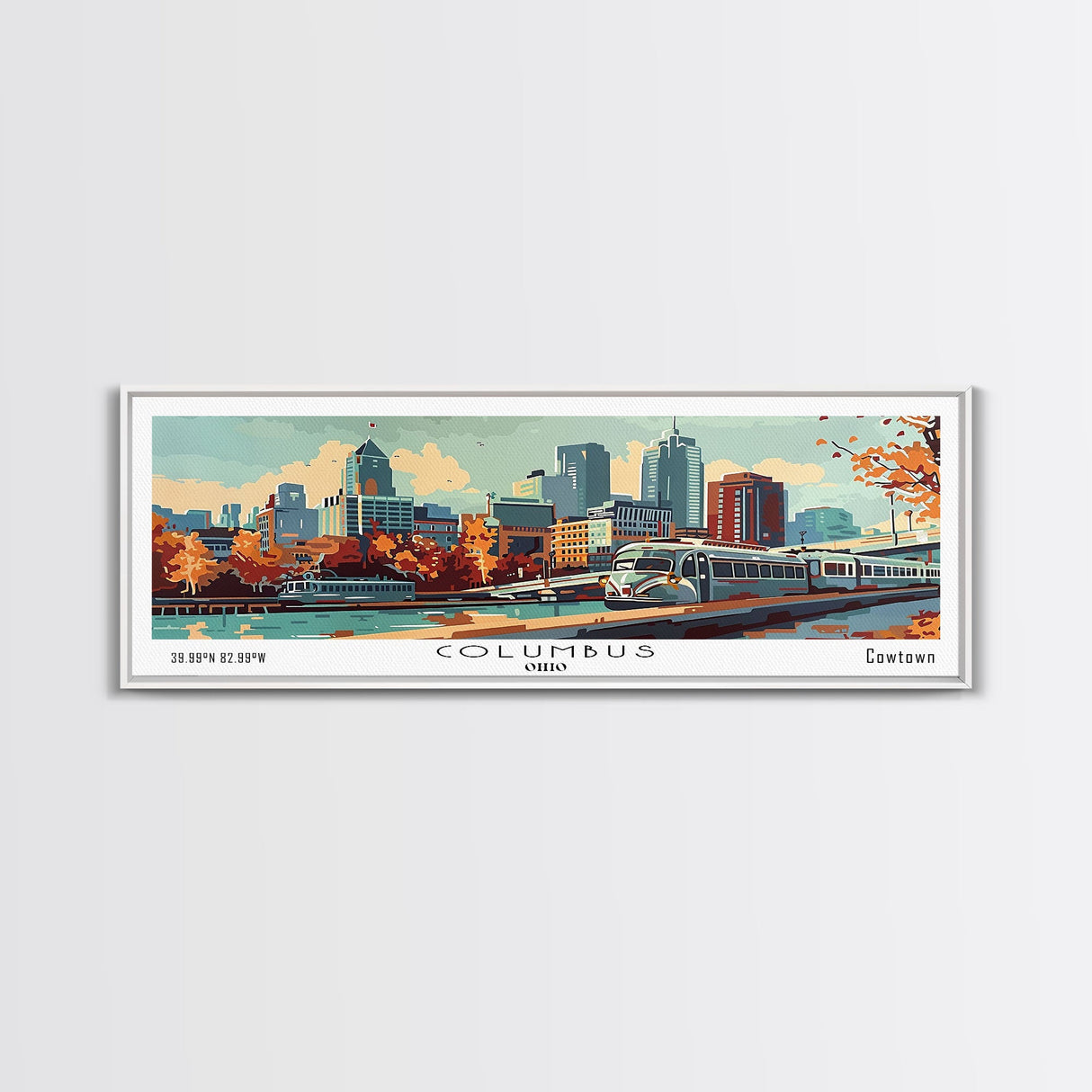 Columbus Ohio Panoramic Painting, Mid Century Modern Framed Canvas Print, Retro Pop Art Travel Poster, Wall Art, Home Decor, Office Art, Gift Idea