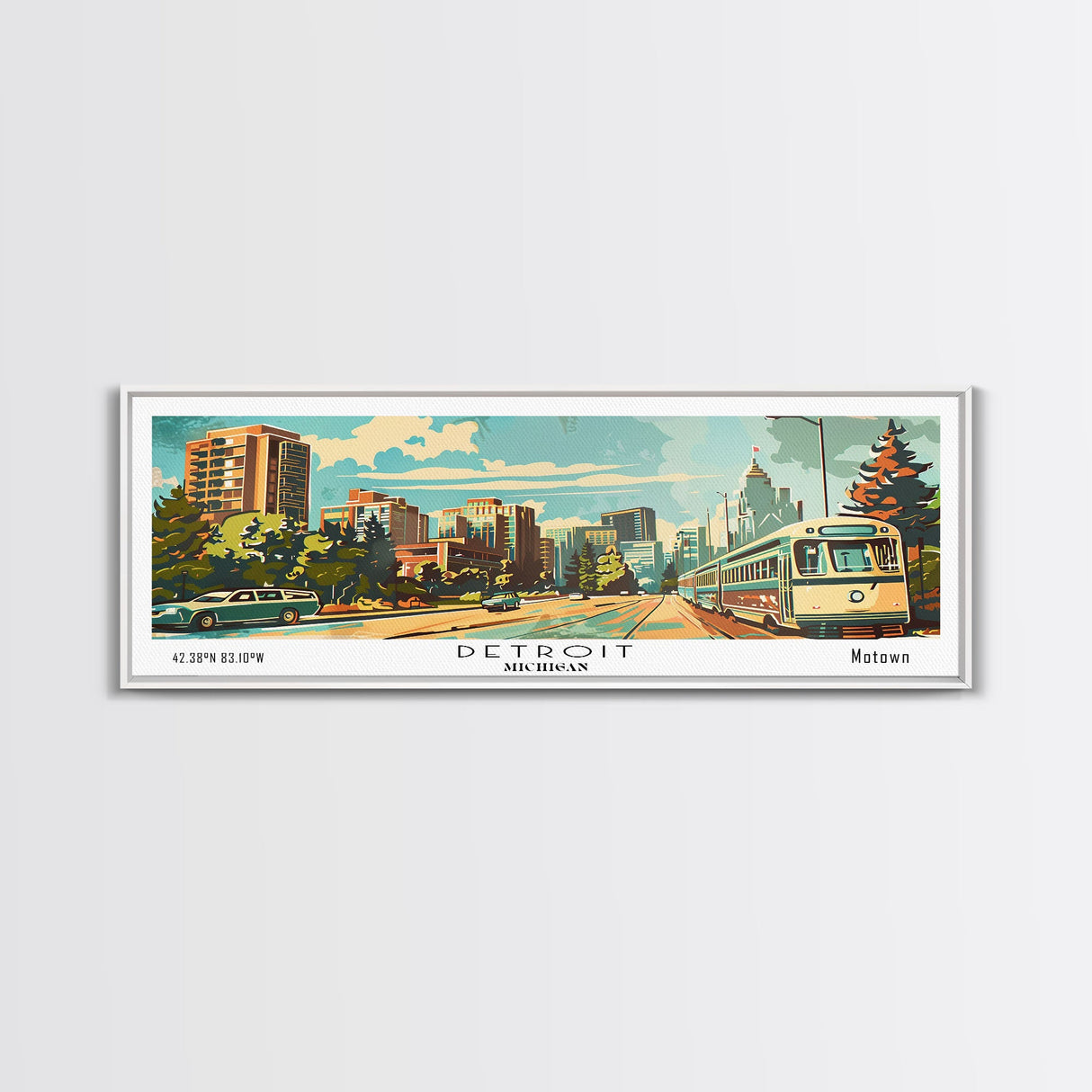 Detroit Michigan Panoramic Wall Art, Mid Century Modern Framed Canvas Print, Retro Pop Art Travel Poster, Office Art, Living Room Decor