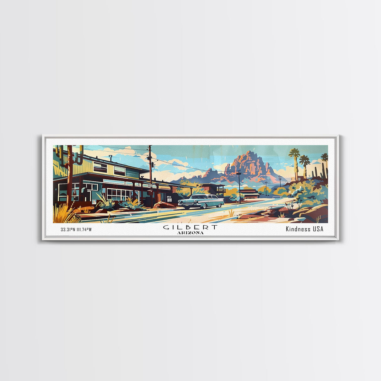 Gilbert Arizona Panoramic Painting, Mid Century Modern Framed Canvas Print, Retro Pop Art Travel Poster, Living Room Art, Wall Hanging, Office Decor