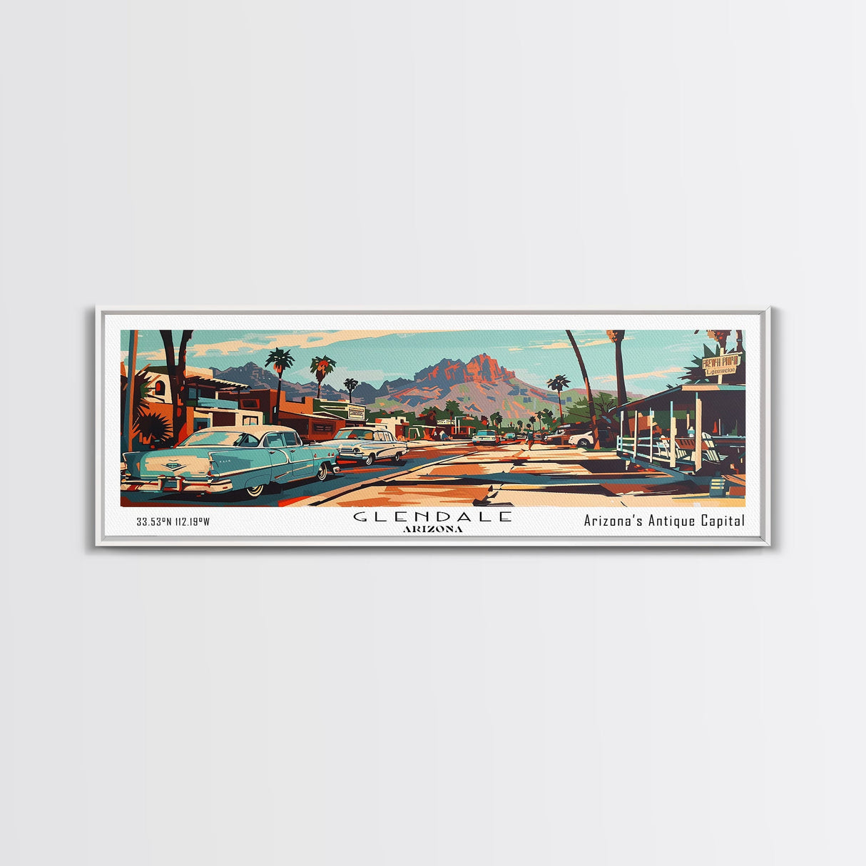 Glendale Arizona Panoramic Wall Art, Mid Century Modern Framed Canvas Print, Retro Pop Art Travel Poster, Home Decor, Office Wall Art, Gift Idea