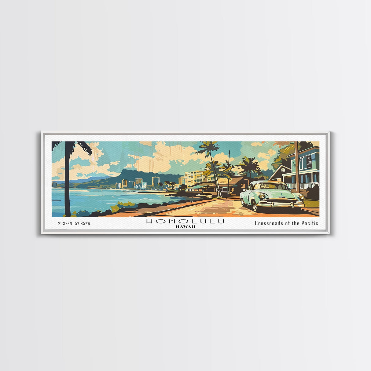 Honolulu Hawaii Panoramic Wall Art, Mid Century Modern Framed Canvas Print, Retro Pop Art Travel Poster, Living Room Art, Office Decor, Wall Hanging