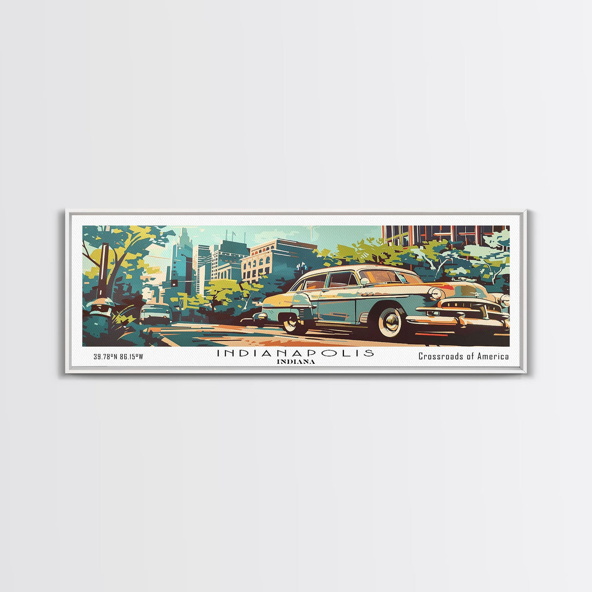 Indianapolis Indiana Panoramic Painting, Mid Century Modern Framed Canvas Print, Retro Pop Art Travel Poster, Wall Art, Living Room Decor, Office Wall Art