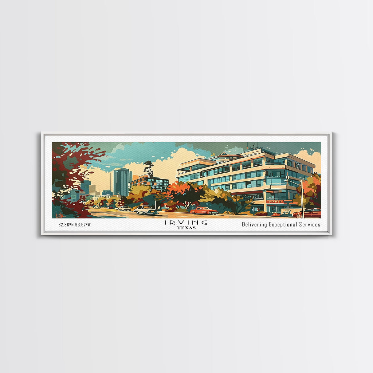 Irving Texas Panoramic Painting, Mid Century Modern Framed Canvas Print, Retro Pop Art Travel Poster, Wall Art, Home Decor, Office Wall Art, Gift Idea