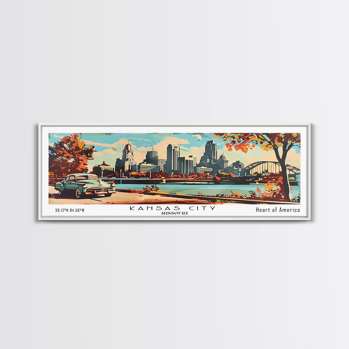 Kansas City Missouri Panoramic Wall Art, Mid Century Modern Framed Canvas Print, Retro Pop Art Travel Poster, Home Decor, Office Art, Gift Idea, Wall Hanging