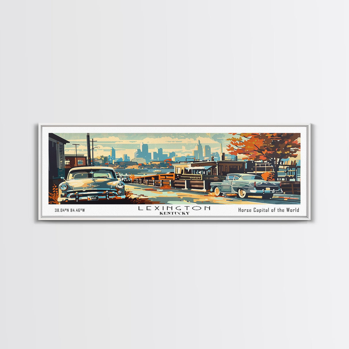 Lexington Kentucky Panoramic Wall Art, Mid Century Modern Framed Canvas Print, Retro Pop Art Travel Poster, Living Room Art, Office Decor, Wall Hanging