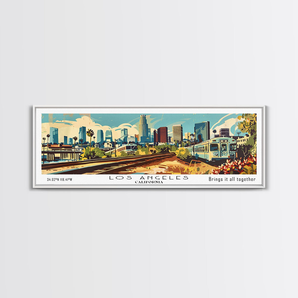 Los Angeles California Panoramic Wall Art, Mid Century Modern Framed Canvas Print, Retro Pop Art Travel Poster, Home Decor, Office Wall Art, Gift Idea