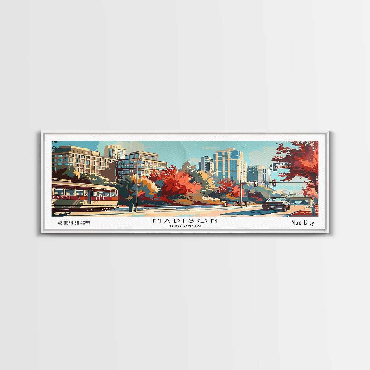 Madison Wisconsin Panoramic Painting, Mid Century Modern Framed Canvas Print, Retro Pop Art Travel Poster, Wall Art, Home Decor, Office Wall Art, Living Room Decor