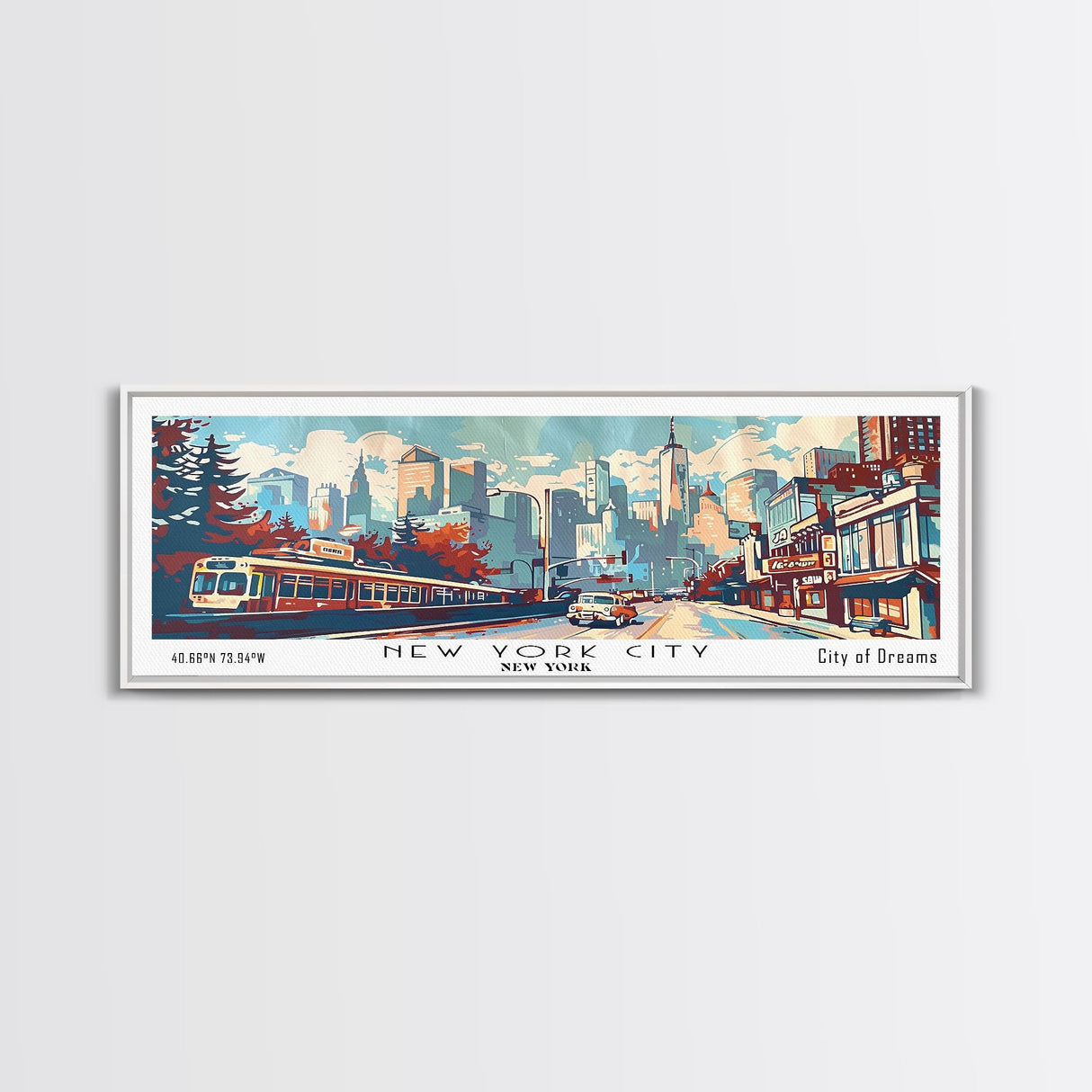 New York New York Panoramic Wall Art, Mid Century Modern Framed Canvas Print, Retro Pop Art Travel Poster, Home Decor, Office Art, Gift Idea, Living Room Wall Hanging