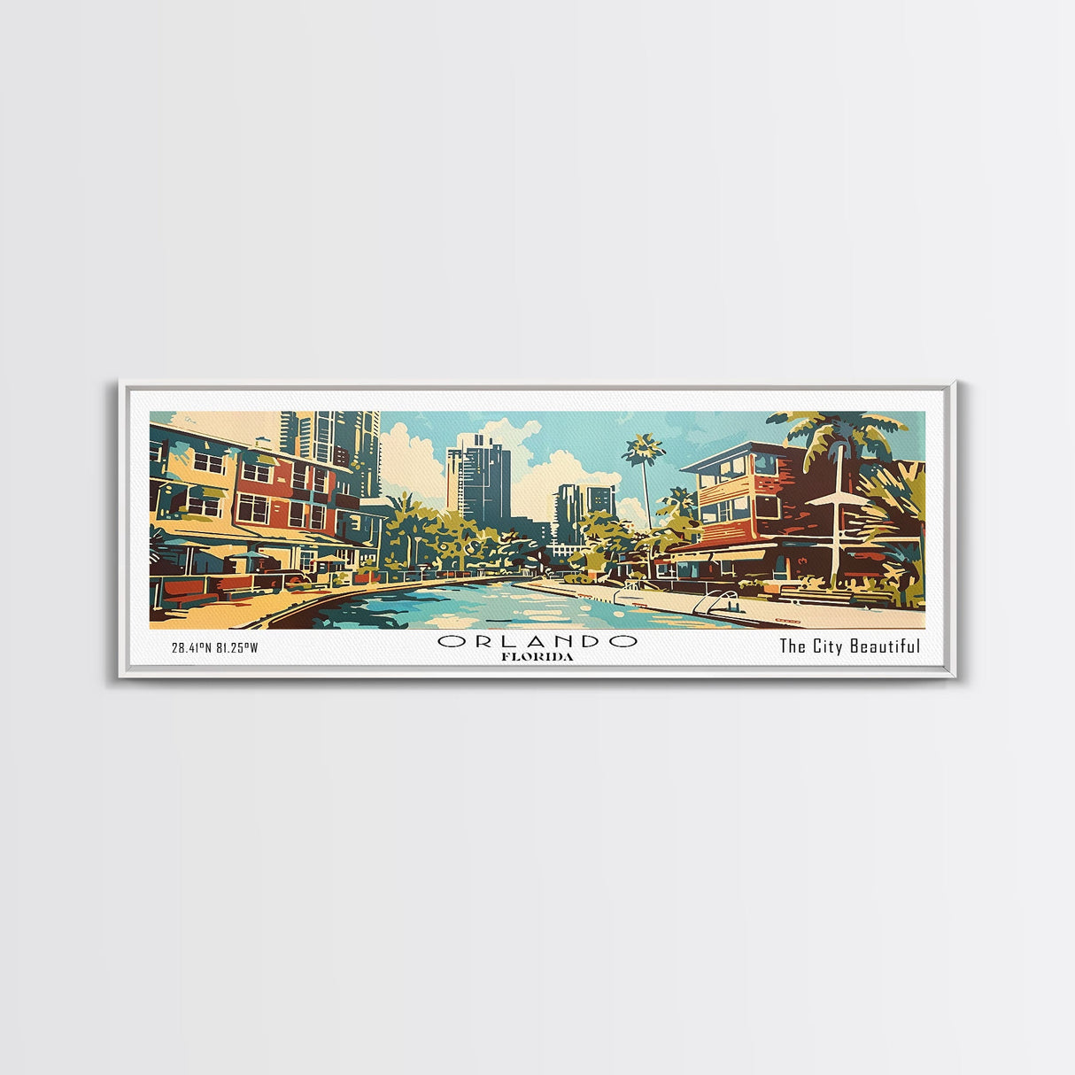 Orlando Florida Panoramic Wall Art, Mid Century Modern Framed Canvas Print, Retro Pop Art Travel Poster, Home Decor, Office Art, Gift Idea, Living Room Wall Hanging