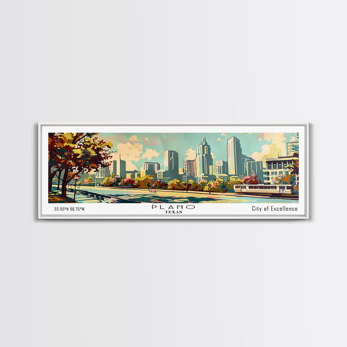 Plano Texas Panoramic Painting, Mid Century Modern Framed Canvas Print, Retro Pop Art Travel Poster, Living Room and Office Decor