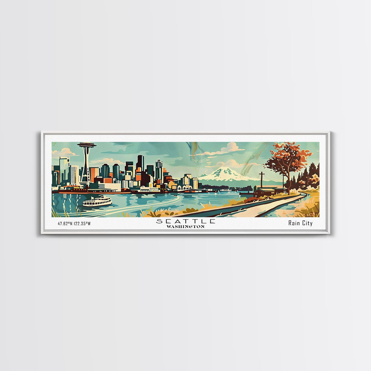 Seattle Washington Panoramic Painting, Mid Century Modern Framed Canvas Print, Retro Pop Art Travel Poster, Living Room Wall Art Decor