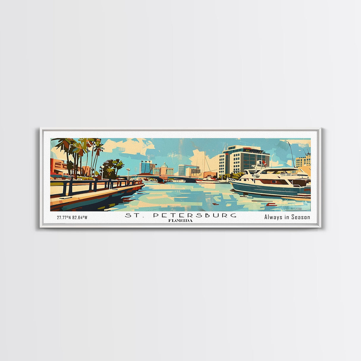 St. Petersburg Florida Panoramic Wall Art, Mid Century Modern Framed Canvas Print, Retro Pop Art Travel Poster, Living Room and Office Wall Art