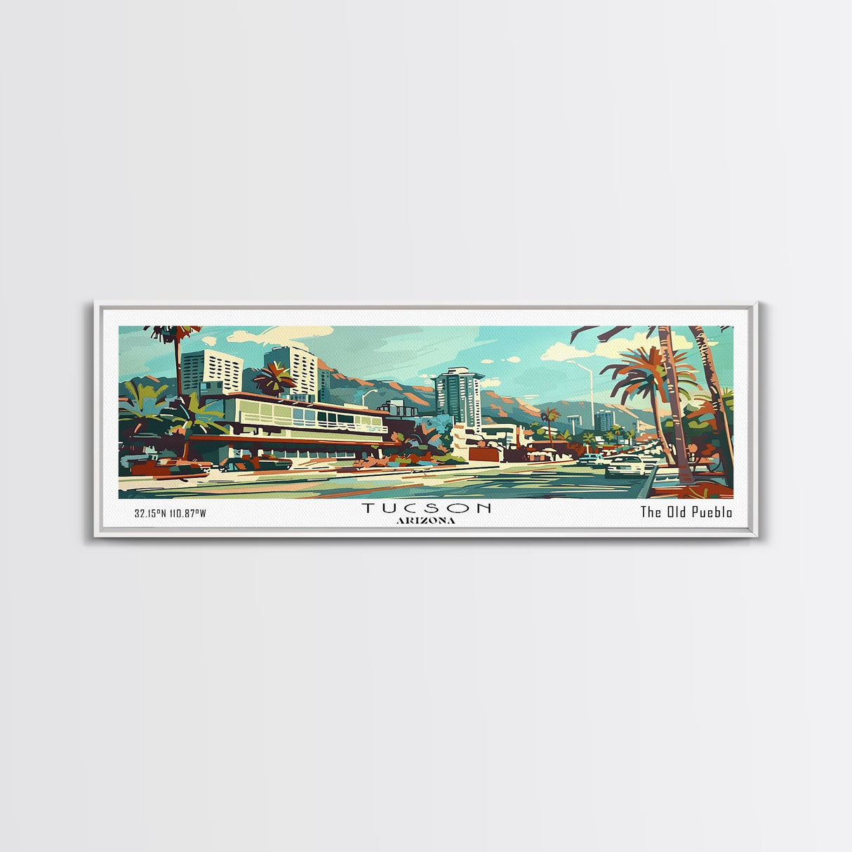 Tucson Arizona Panoramic Wall Art, Mid Century Modern Framed Canvas Print, Retro Pop Art Travel Poster, Living Room and Office Decor