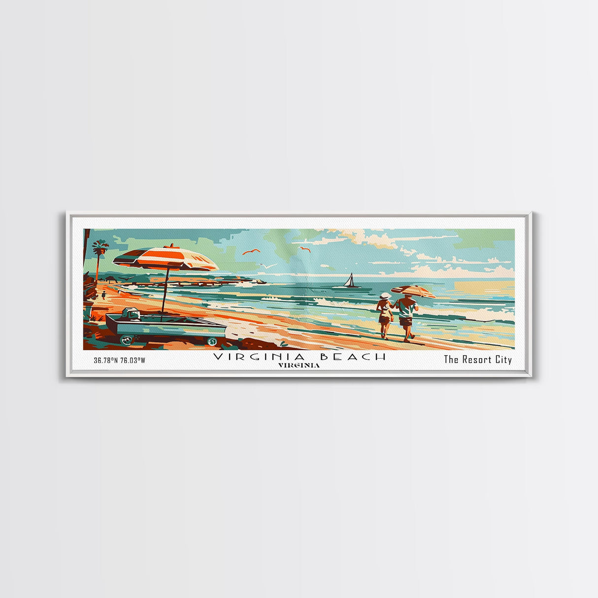 Virginia Beach Virginia Panoramic Wall Art, Mid Century Modern Framed Canvas Print, Retro Pop Art Travel Poster, Living Room and Office Decor