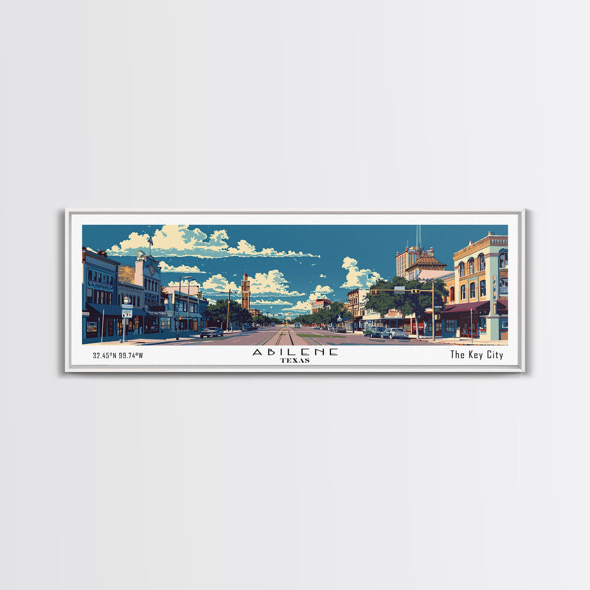 Abilene Texas Panoramic Painting, Mid Century Modern Framed Canvas Print, Retro Pop Art Travel Poster, Office Wall Art Decor, City Print