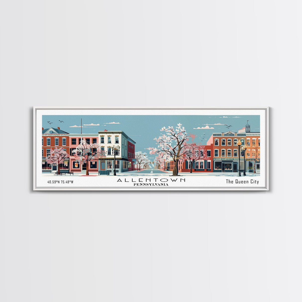 Allentown Pennsylvania Panoramic Painting, Mid Century Modern Framed Canvas Print, Retro Pop Art Travel Poster, Office Art, City Print