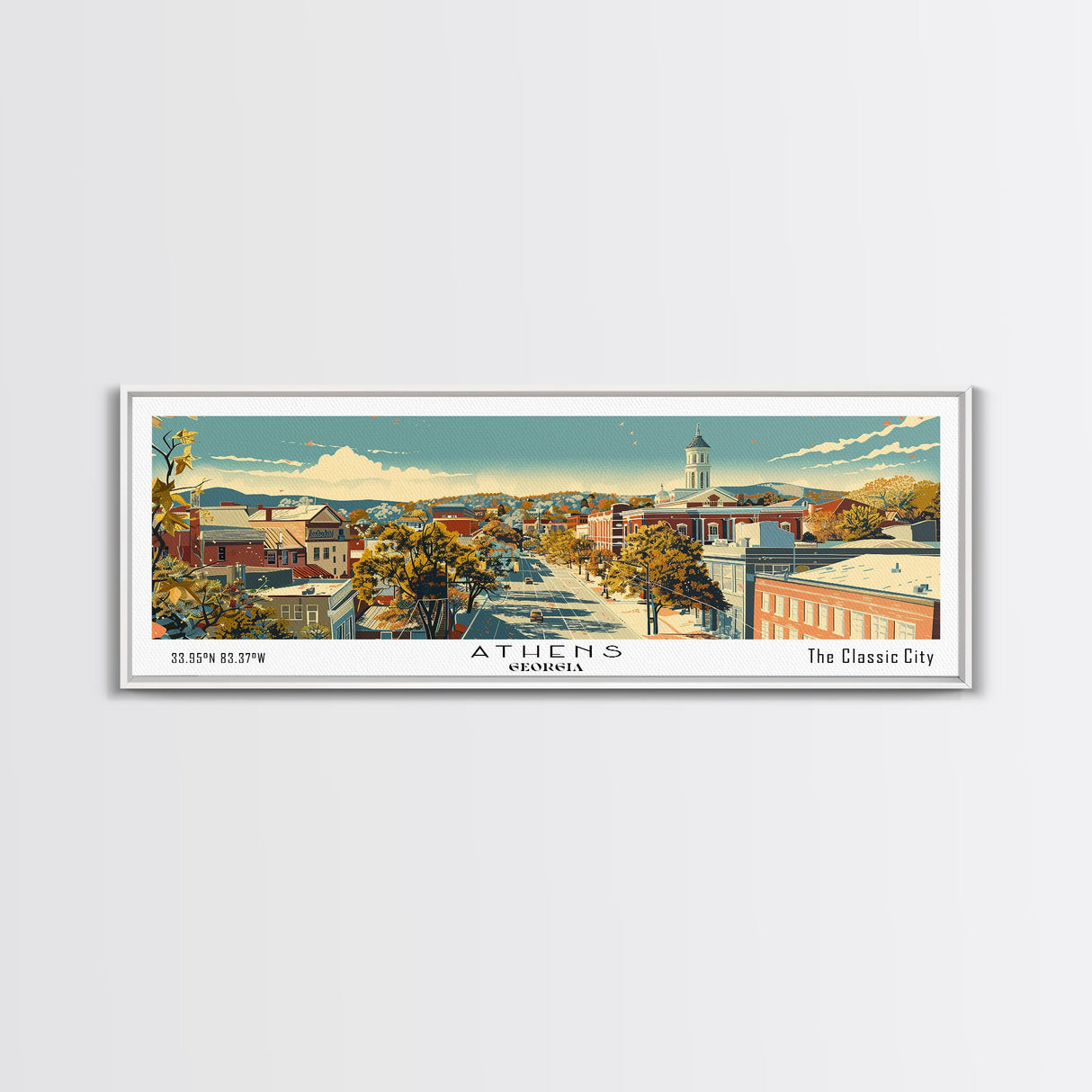 Athens Georgia Panoramic Painting, Mid Century Modern Framed Canvas Print, Retro Pop Art Travel Poster, Living Room Wall Art Decor, City Print