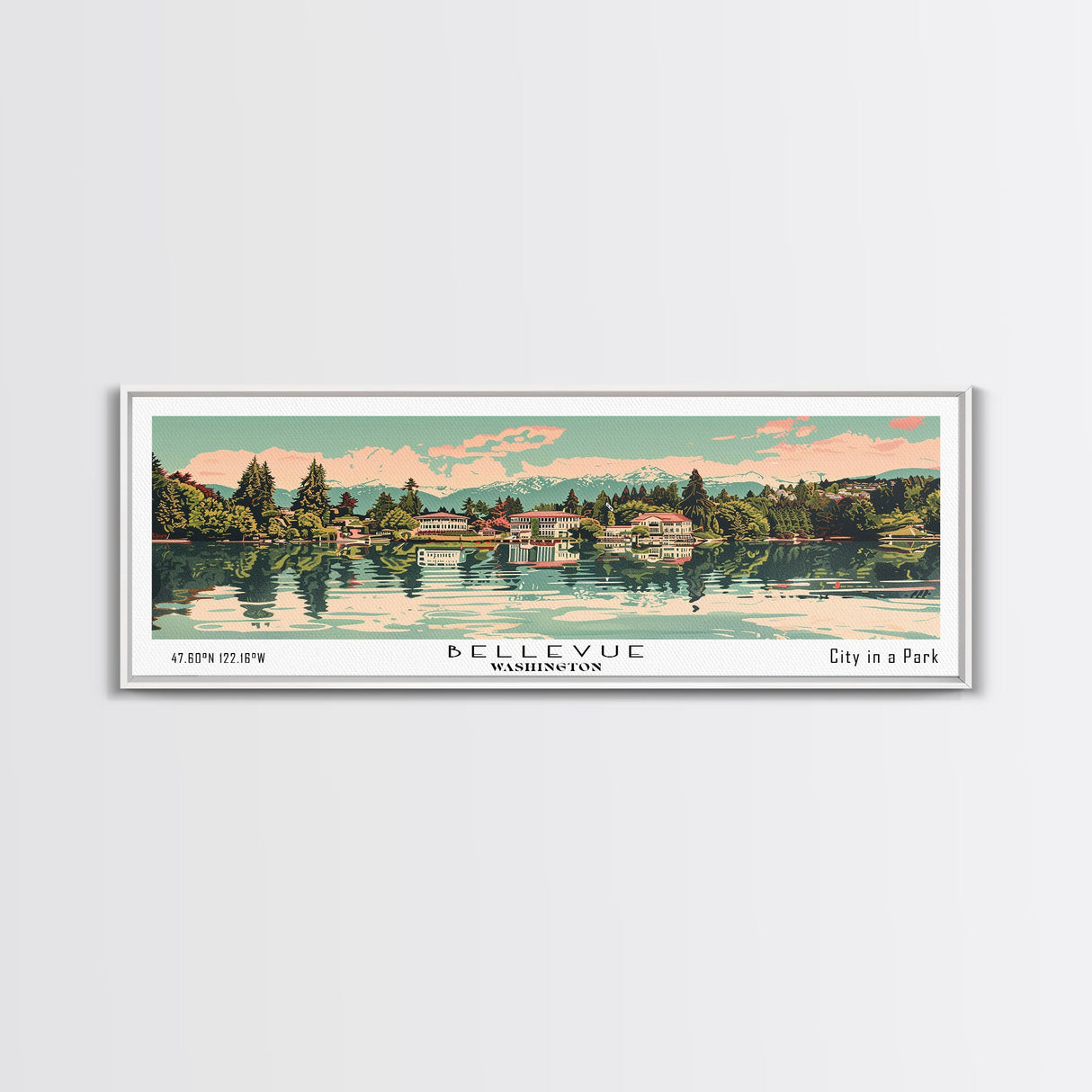 Bellevue Washington Panoramic Painting, Mid Century Modern Framed Canvas Print, Retro Pop Art Travel Poster, Office Wall Art, City Print