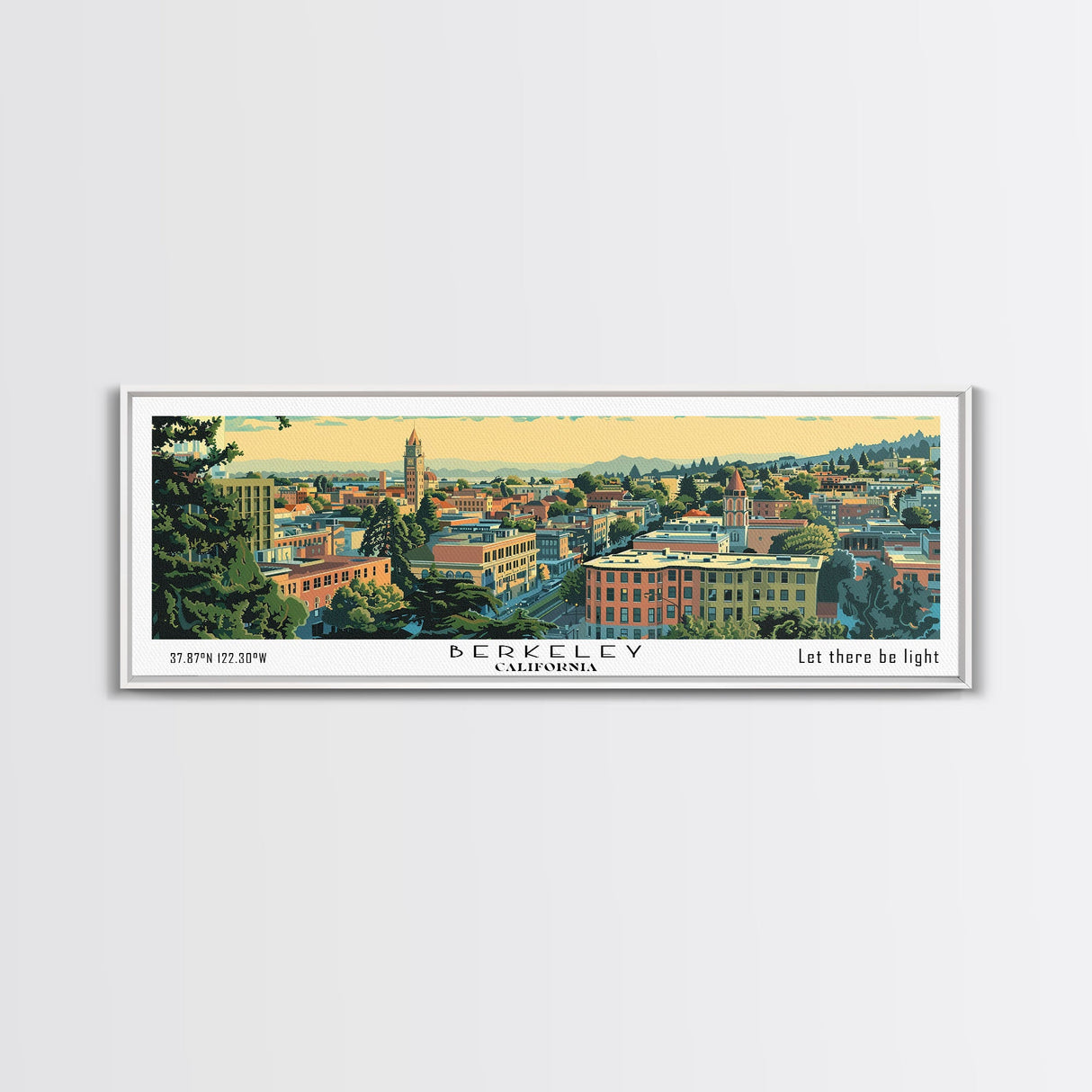 Berkeley California Panoramic Painting, Mid Century Modern Framed Canvas Print, Retro Pop Art Travel Poster, Home Decor, City Print