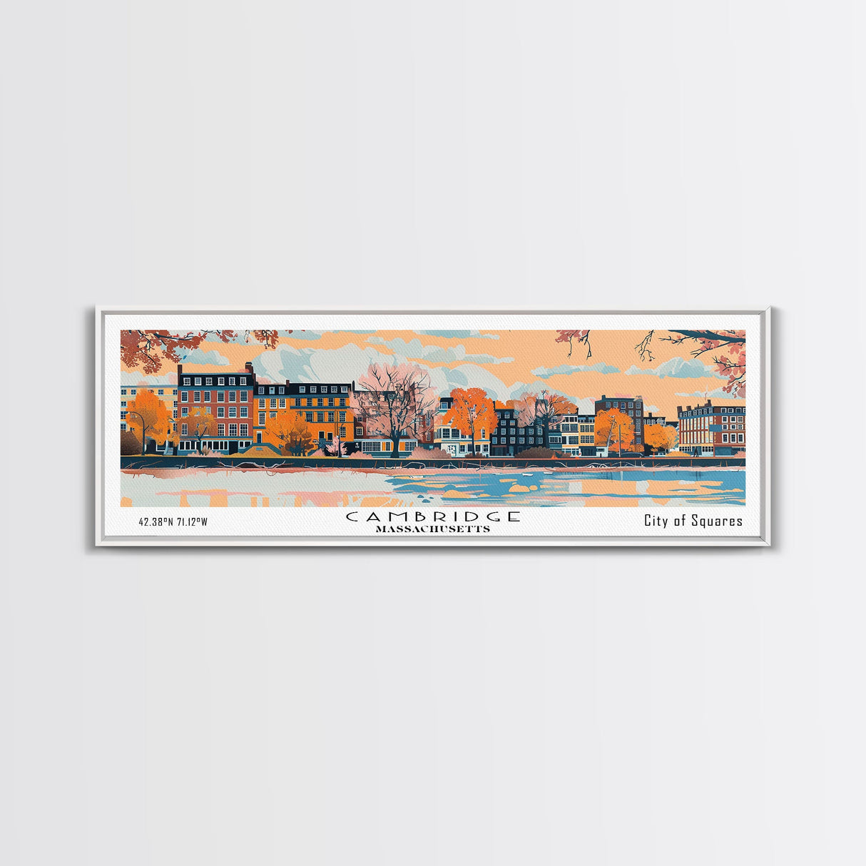 Cambridge Massachusetts Panoramic Painting, Mid Century Modern Framed Canvas Print, Retro Pop Art Travel Poster, Home Decor, City Print