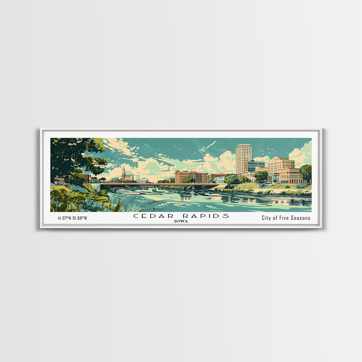 Cedar Rapids Iowa Panoramic Painting, Mid Century Modern Framed Canvas Print, Retro Pop Art Travel Poster, Living Room Wall Art Decor, City Print