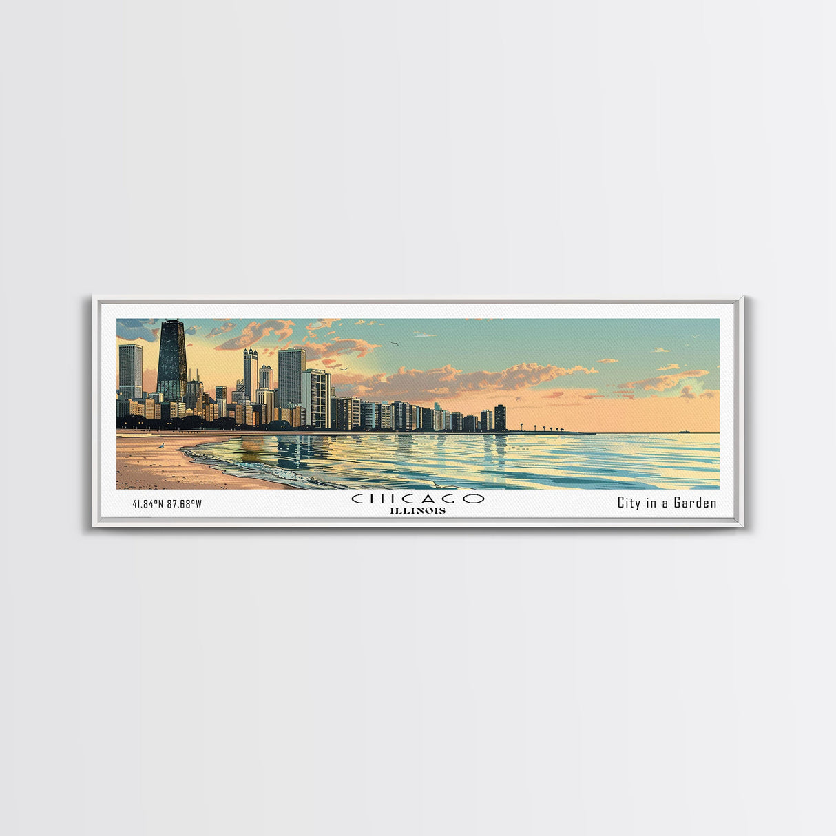 Chicago Florida Panoramic Painting, Mid Century Modern Framed Canvas Print, Retro Pop Art Travel Poster, Living Room Wall Art, City Art