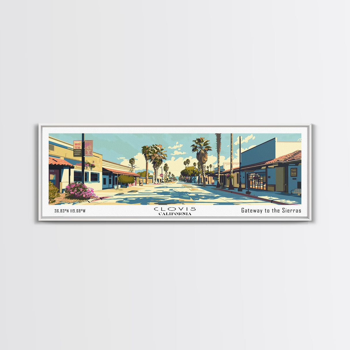 Clovis California Panoramic Wall Art, Mid Century Modern Framed Canvas Print, Retro Pop Art Travel Poster, City Office Decor, Home Art