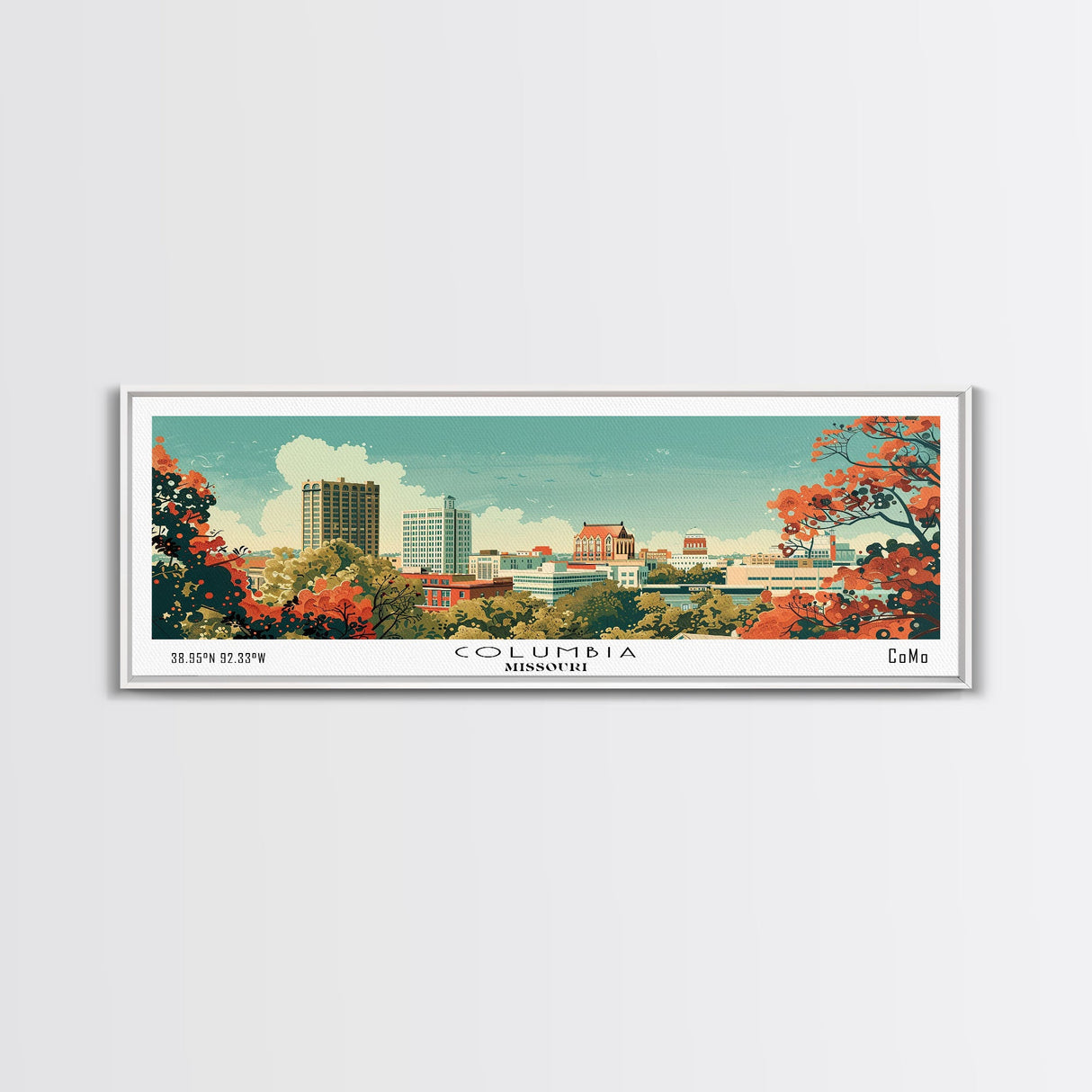 Columbia Missouri Panoramic Wall Art, Mid Century Modern Framed Canvas Print, Retro Pop Art Travel Poster, City Home Decor, Office Wall Art