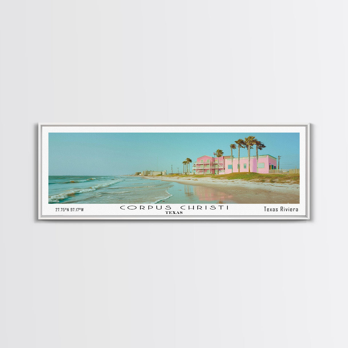 Corpus Christi Texas Panoramic Painting, Mid Century Modern Framed Canvas Print, Retro Pop Art Travel Poster, City Home Decor, Office Wall Art