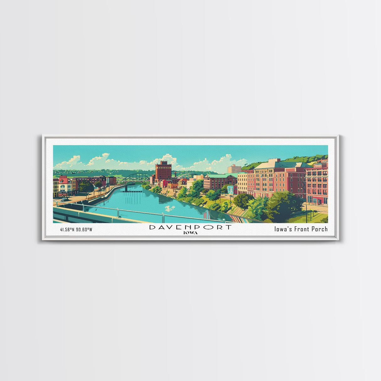 Davenport Iowa Panoramic Wall Art, Mid Century Modern Framed Canvas Print, Retro Pop Art Travel Poster, City Art Gift, Home Decor