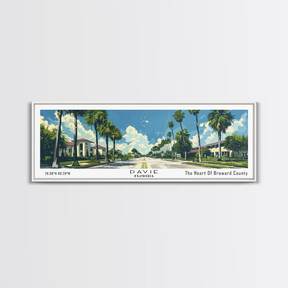 Davie Florida Panoramic Painting, Mid Century Modern Framed Canvas Print, Retro Pop Art Travel Poster, City Wall Art, Home Decor