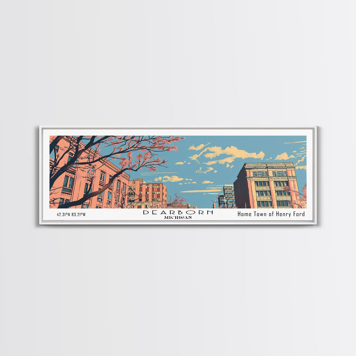 Dearborn Michigan Panoramic Painting, Mid Century Modern Framed Canvas Print, Retro Pop Art Travel Poster, City Wall Decor, Office Wall Art