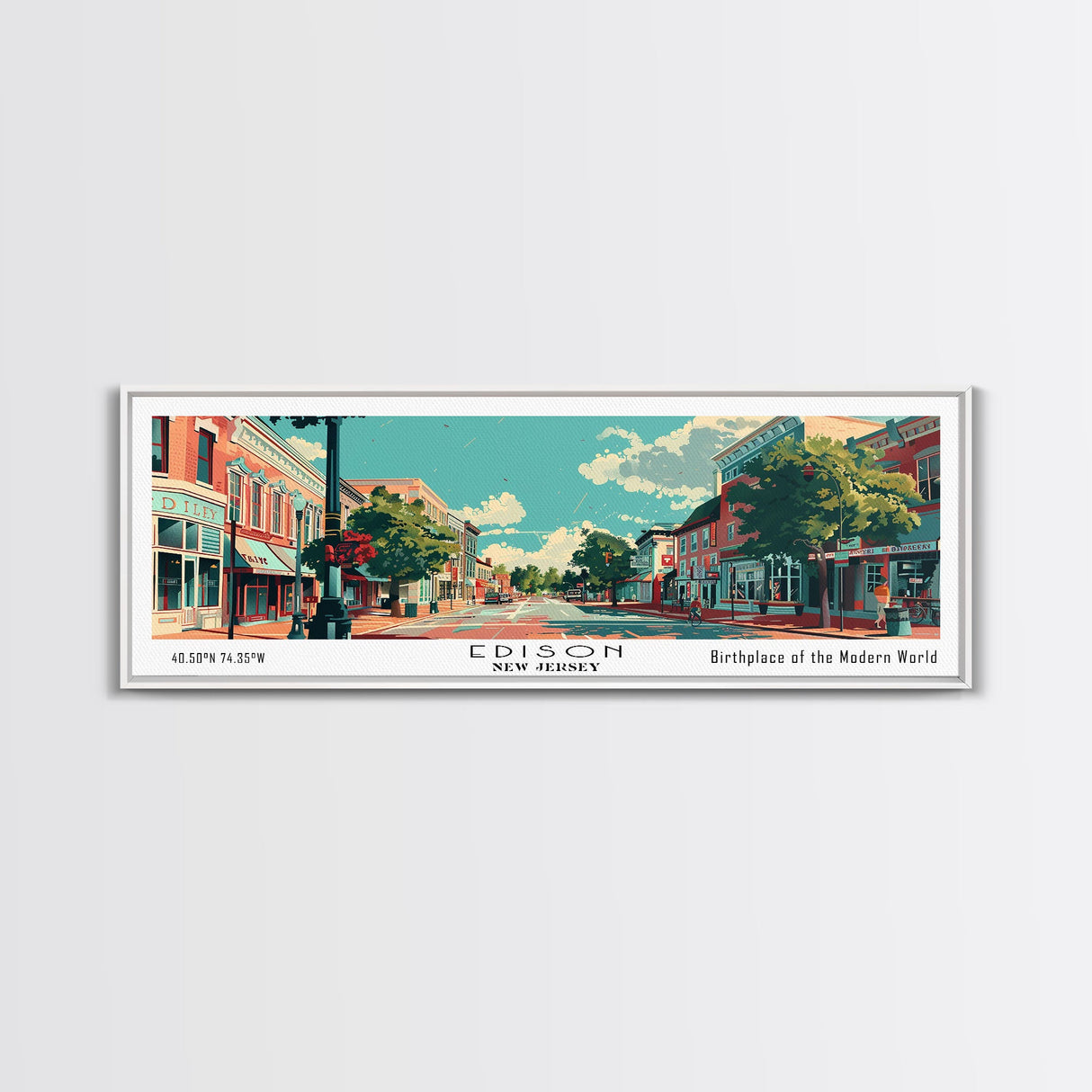 Edison New Jersey Panoramic Painting, Mid Century Modern Framed Canvas Print, Retro Pop Art Travel Poster, City Wall Decor, Home Decor