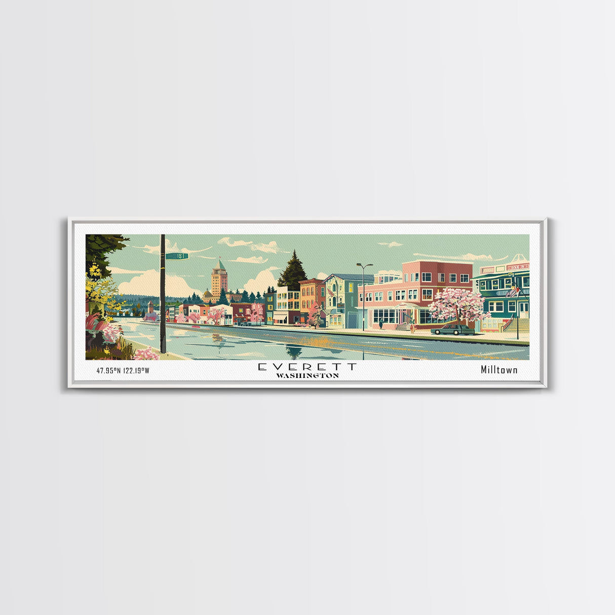 Everett Washington Panoramic Painting, Mid Century Modern Framed Canvas Print, Retro Pop Art Travel Poster, Home Wall Decor