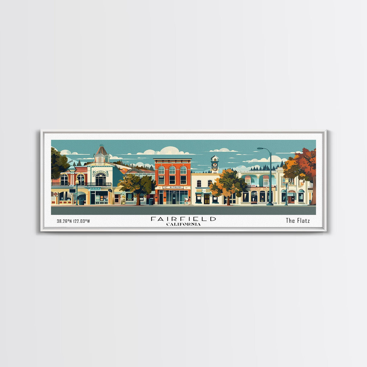 Fairfield California Panoramic Art, Mid Century Modern Framed Canvas Print, Retro Pop Art Travel Poster, Office Wall Decor