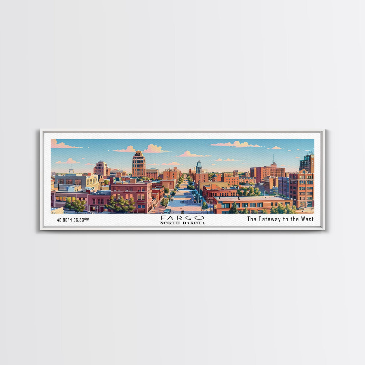 Fargo North Dakota Panoramic Painting, Mid Century Modern Framed Canvas Print, Retro Pop Art Travel Poster, City Wall Art