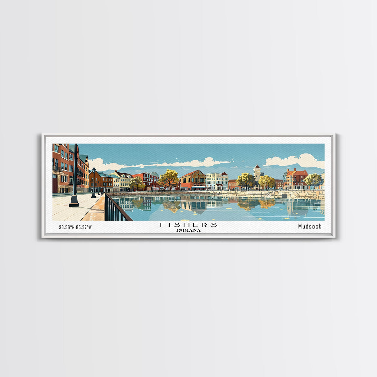 Fishers Indiana Panoramic Painting, Mid Century Modern Framed Canvas Print, Retro Pop Art Travel Poster, Home Wall Decor