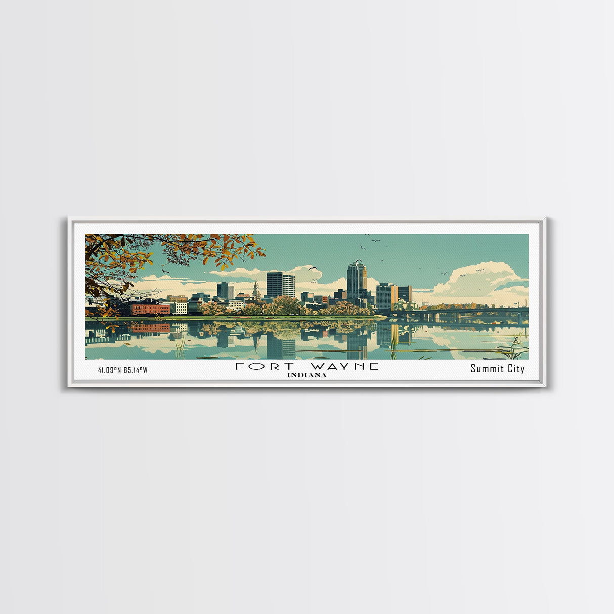 Fort Wayne Indiana Panoramic Art, Mid Century Modern Framed Canvas Print, Retro Pop Art Travel Poster, Home Wall Decor