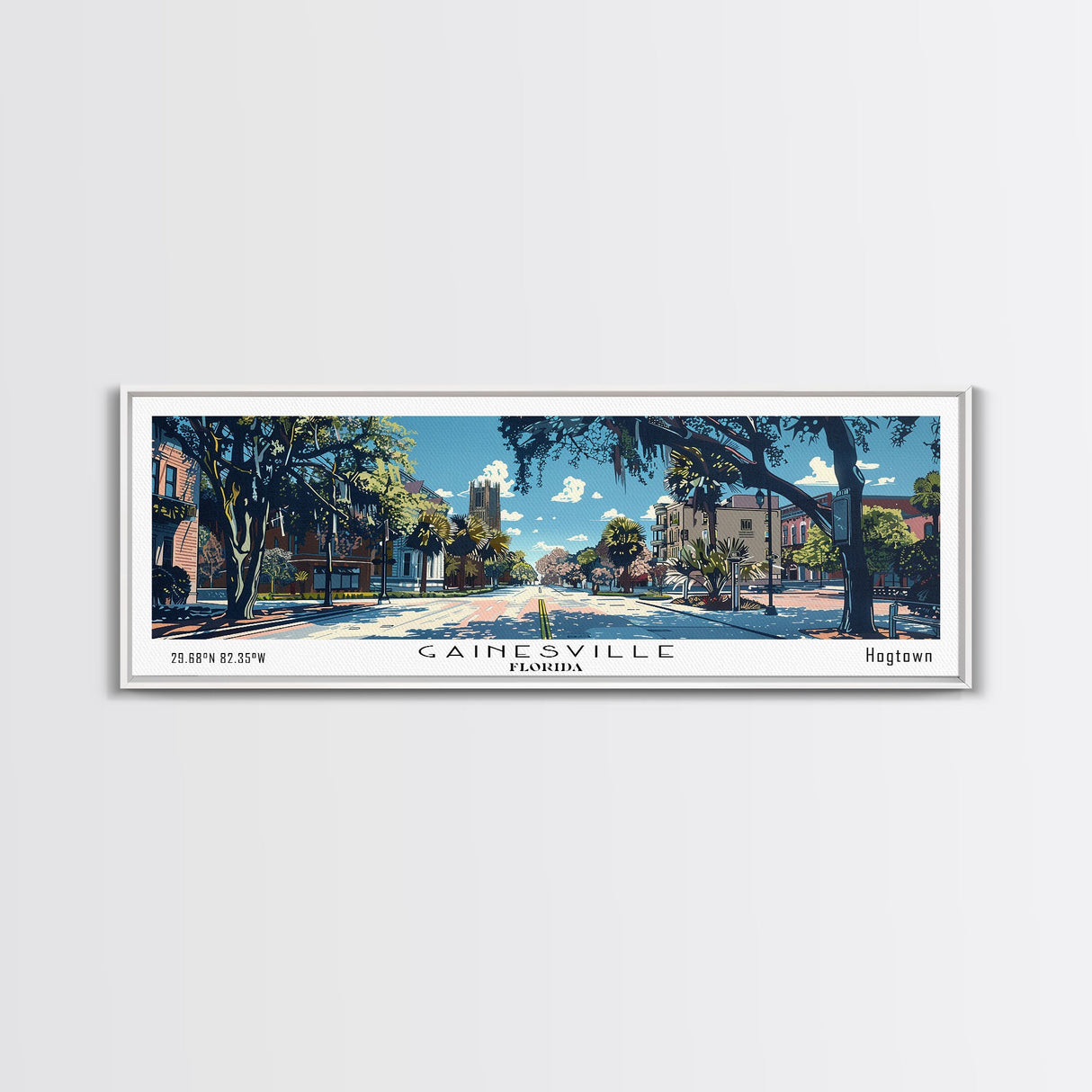 Gainesville Florida Panoramic Painting, Mid Century Modern Framed Canvas Print, Retro Pop Art Travel Poster, Home Wall Decor