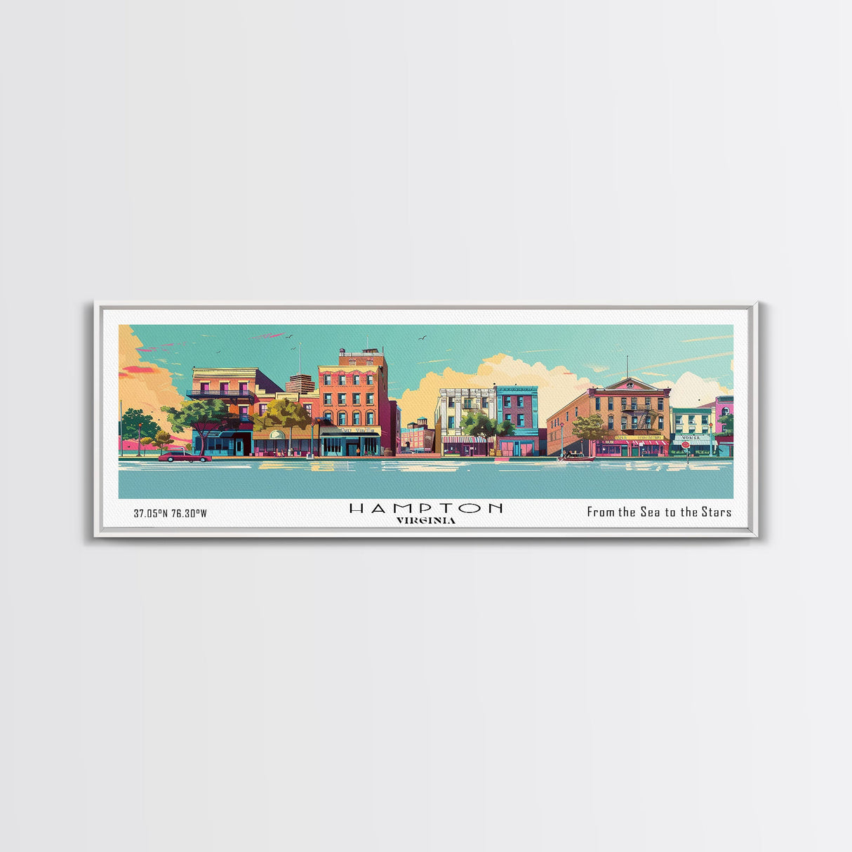 Hampton Virginia Panoramic Painting, Mid Century Modern Framed Canvas Print, Retro Pop Art Travel Poster, Office Wall Decor