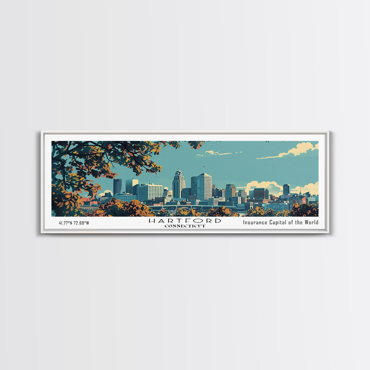 Hartford Connecticut Panoramic Painting, Mid Century Modern Framed Canvas Print, Retro Pop Art Travel Poster, Home Wall Decor