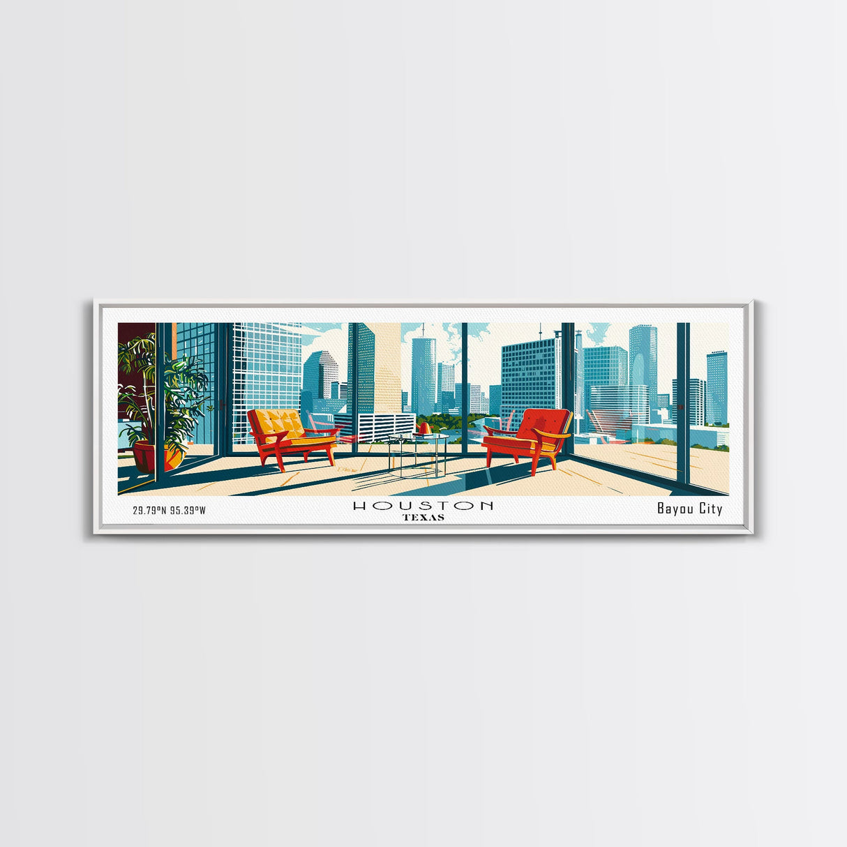 Houston Texas Panoramic Painting, Mid Century Modern Framed Canvas Print, Retro Pop Art Travel Poster, Office Wall Art