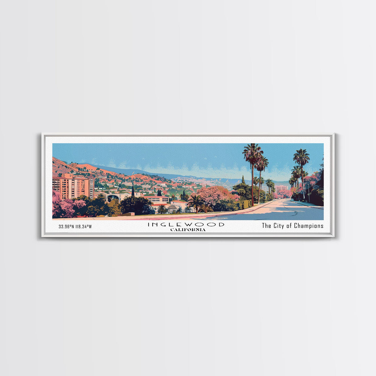 Inglewood California Panoramic Wall Art, Mid Century Modern Framed Canvas Print, Retro Pop Art Travel Poster, Home Wall Art