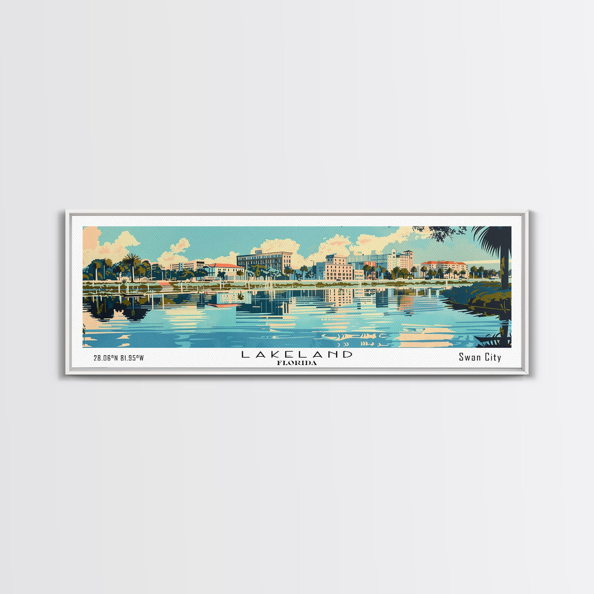 Lakeland Florida Panoramic Painting, Mid Century Modern Framed Canvas Print, Retro Pop Art Travel Poster, Home Wall Decor