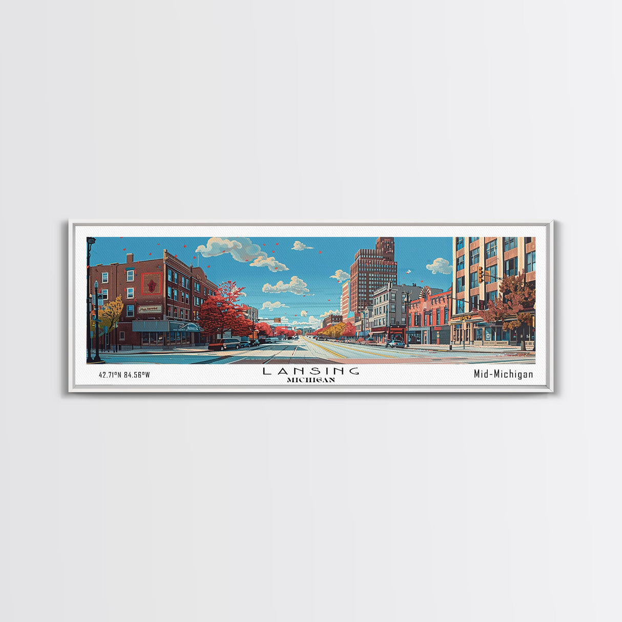 Lansing Michigan Panoramic Wall Art, Mid Century Modern Framed Canvas Print, Retro Pop Art Travel Poster, Living Room Decor