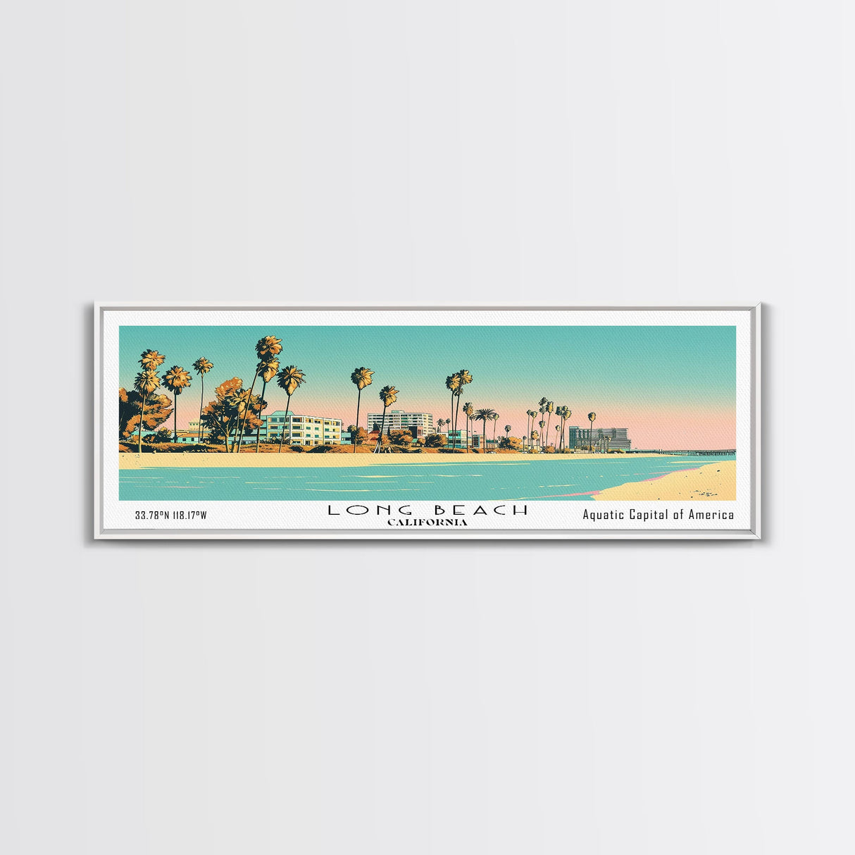 Long Beach California Panoramic Painting, Mid Century Modern Framed Canvas Print, Retro Pop Art Travel Poster, Office Decor