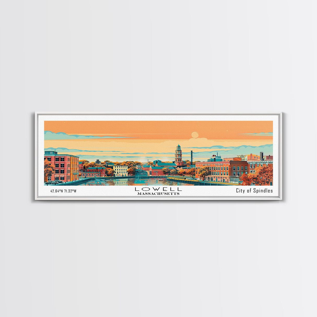 Lowell Mississippi Panoramic Painting, Mid Century Modern Framed Canvas Print, Retro Pop Art Travel Poster, Office Wall Art